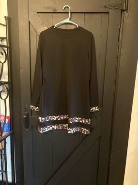 Black Long Sleeve Dress with Leopard Trim